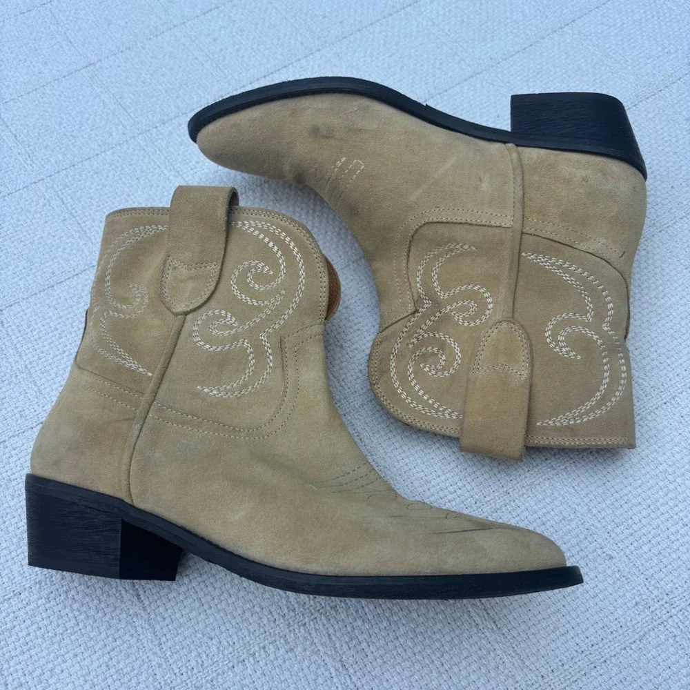 Women's 38 TORAL Puja Light Tan Suede Leather Short Pull On Cowboy Western Boots